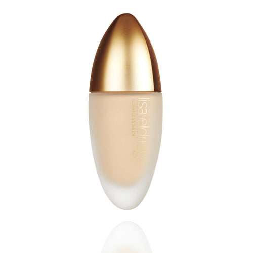 Lisa Eldridge Seamless Skin Foundation Shade No. 11 in a matte glass bottle with a gold lid. The bottle says ‘lisa eldridge SEAMLESS SKIN’