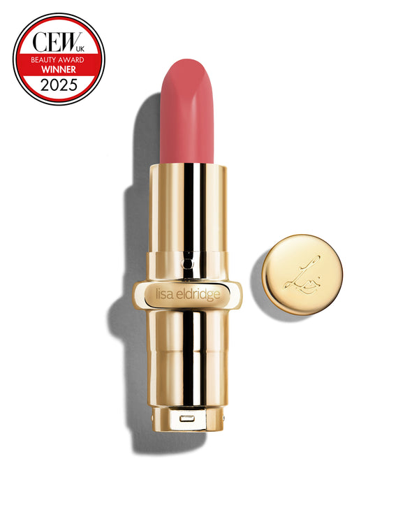 Warm pink coloured lipstick with gold casing and 'Lisa Eldridge' branding on a white background, featuring a CEW Beauty Award 2025 badge.
