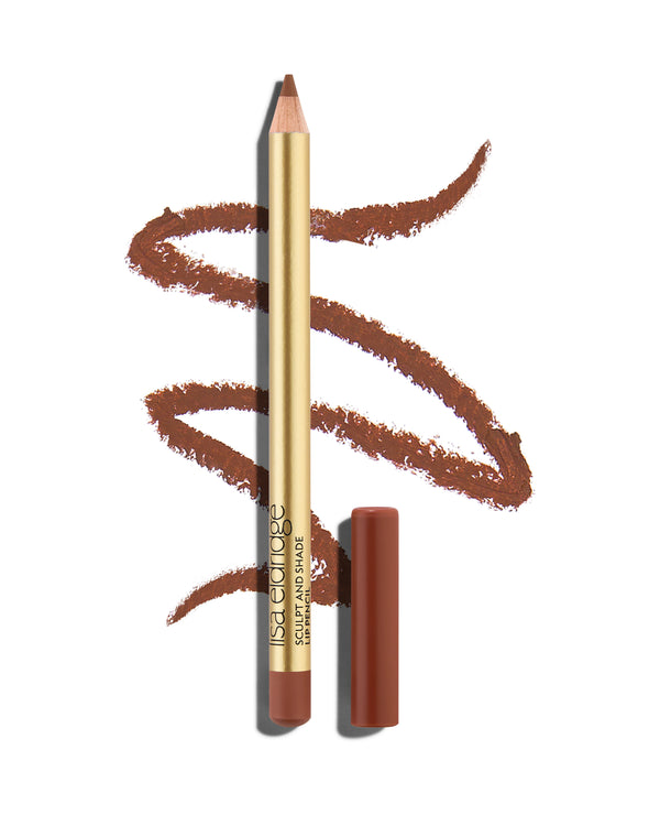 block Medium rosewood lip pencil with gold barrel and shade-matching cap, shown with a shade swatch behind, demonstrating the product's tones and texture.